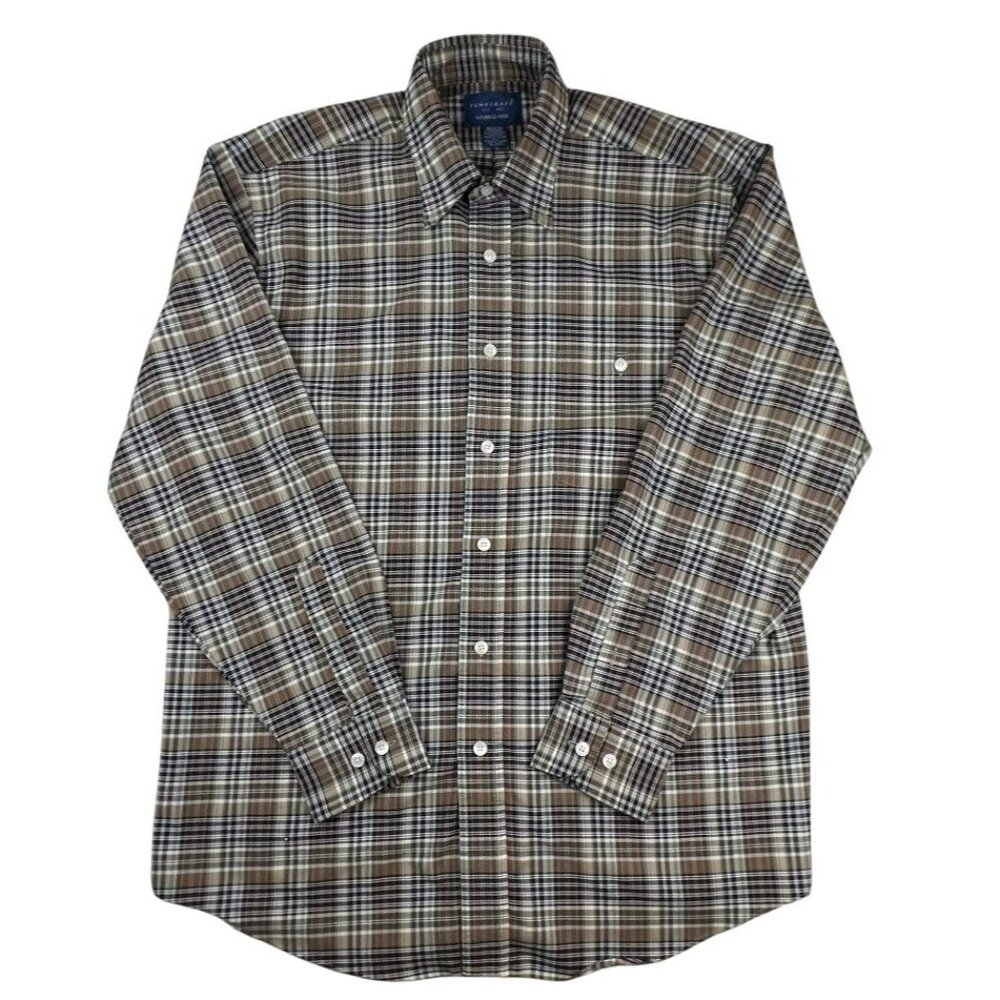 Towncraft Mens Plaid Dress Shirt Long Sleeve Blue Brown Green Size M  JH877